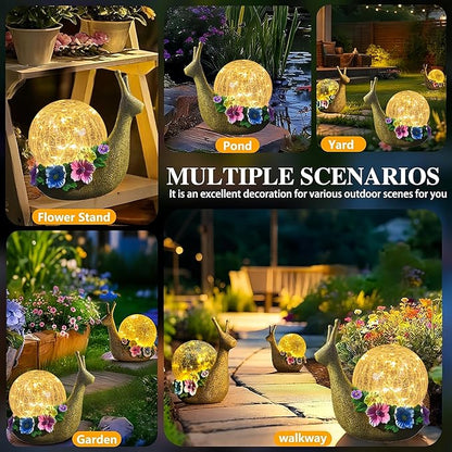 Solar Snail Garden Decorations Outdoor Lights Yard Decor,Resin Fariy Statues Cracked Glass lamp Outside for Backyard Patio Lawn Porch,Unique Gifts for Women Mom Grandma