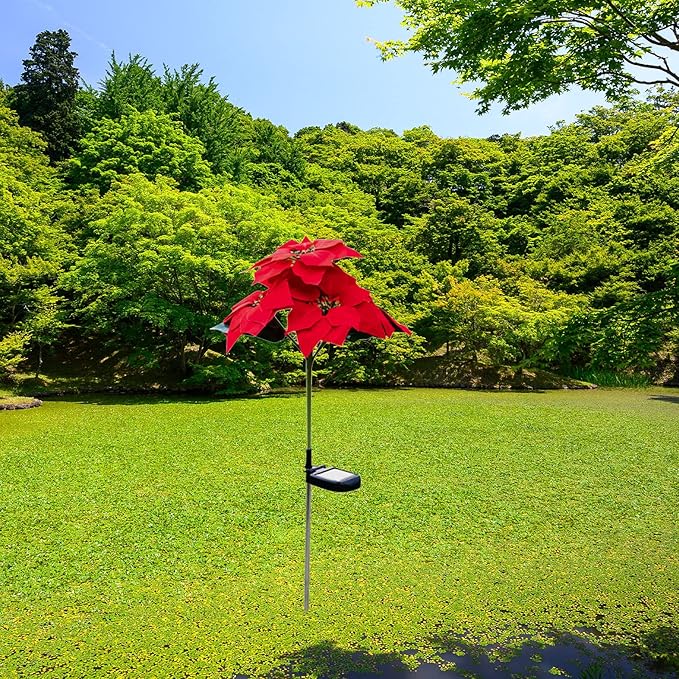 Outdoor Solar Flower Lights,15.7Inch Solar Christmas Poinsettia Flower Lights, Waterproof Garden Stake Light Decorative Solar Patio Lawn Lamp for Yard Pathway