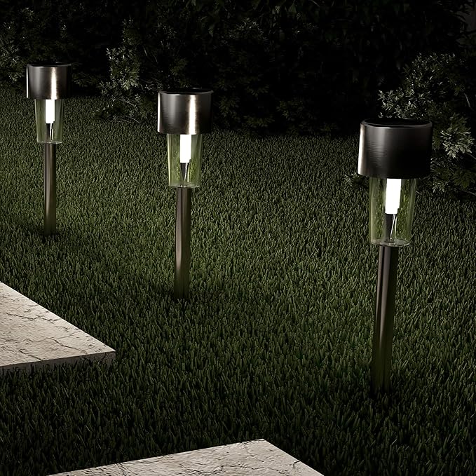 Pure Garden Outdoor Solar Lights - 12-Pack Stainless-Steel LED Lights for Gardens, Pathways, and Patios - Weather-Resistant Stake Lights (Silver)