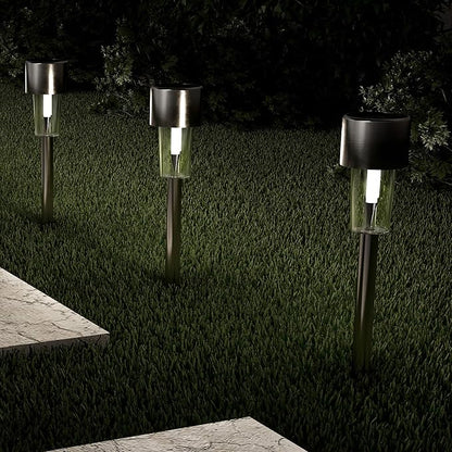 Pure Garden Outdoor Solar Lights - 12-Pack Stainless-Steel LED Lights for Gardens, Pathways, and Patios - Weather-Resistant Stake Lights (Silver)