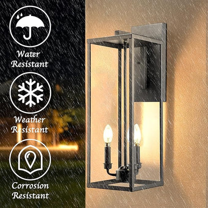 Bestshared Large Outdoor Wall Sconce, 24'' Modern Black Outdoor Wall Lantern, 3-Light Clear Glass Porch Light, Weather Resistant Outside Light for House Entryway Garage Patio, E12 Base(1Pack)