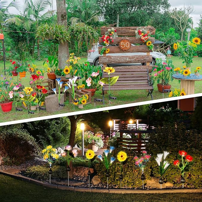 Crowye 8 Pcs Solar Flower Lights 4 Styles Led Solar Rose Lily Sunflower Daisy Garden Flowers Lights Waterproof Solar Outdoor Lights for Yard Patio Lawn Pathway Walkway Garden Halloween Decoration