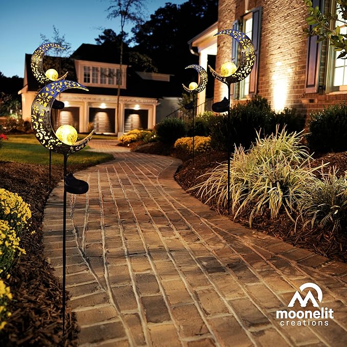 MCSSMOON Solar LED Crescent Moon Garden Light – Waterproof Metal Stake with Crackled Glass - Outdoor Path Light | Lumora