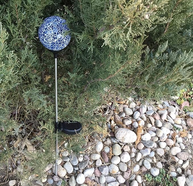 Solar Blue Mosaic Glass Ball Light (Ocean Blue Color), Garden Decor Stake Multi-Color Color Change Yard LED Lamp Light
