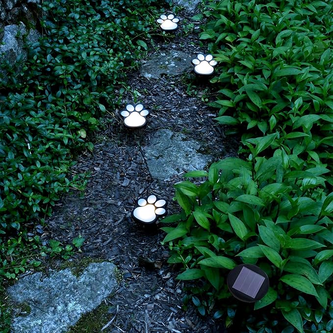 Lumabase Solar Powered Paw Print Pathway Lights - Set of 4, Black