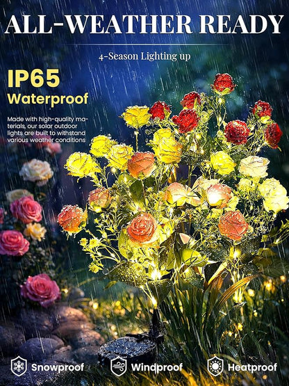 GIGALUMI Solar Lights Outdoor for Garden Decor, 4 Pack Solar Flower Lights Waterproof, 2 Lighting Modes 28 Rose Flowers for Pathway,Yard, Patio Decoration, Gardening Gifts for Women (Multi-Colored)