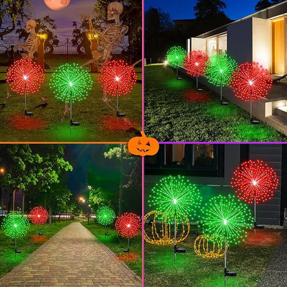 4th of July Decorations Outdoor 4 Pack Colored Solar Firework Lights with 180 LED Patriotic Solar Lights 8 Lighting Modes for Yard Pathway Garden Patio Party Decorations(Red Green)