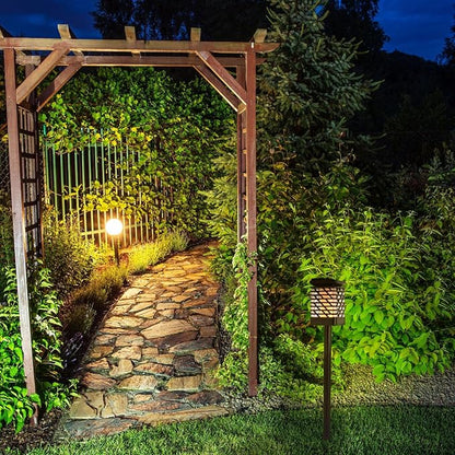 Vintage Solar Landscape Flame Lamp Outdoor Garden Path Light Black Warm Light with Faceted Shade, Waterproof Hanging Wall Stake Mount, Simulated Dynamic Fire Effect for Patio Yard