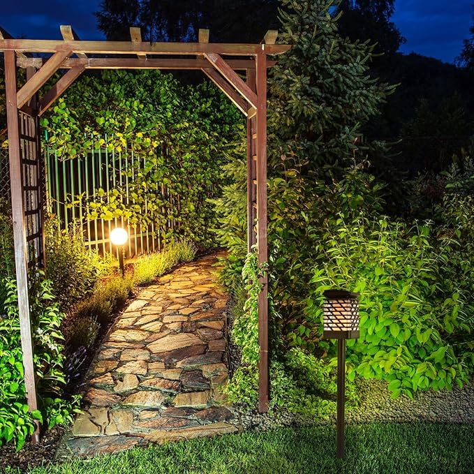 ARTIBETTER Vintage Solar Garden Light Outdoor Pathway Lamp, Black Geometric Shade with Simulated Flickering Flame, Waterproof Wall-Mount and Stake Lawn Lighting for Patio and Yard