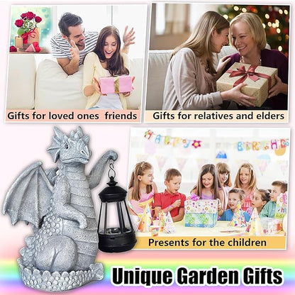 Solar Garden Decor Dragon Statues with Solar Lantern,Dragon Figurine Lights Outdoor Decorations for Yard Lawn Patio Balcony Whimsical Art Outside,Unique Housewarming Gift for Mom Grandma Women