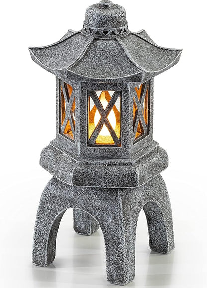 VP Home Solar-Powered Pagoda Garden Statues - Japanese Zen Lantern Outdoor Decor with Flickering LED Light - Durable Polyresin for Yard, Patio, or Garden - 12 x 7 x 6 Inches (Zen Garden Pagoda)