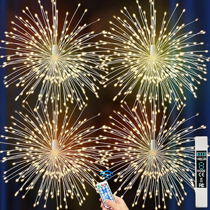 Firework Lights Outdoor 800 LED, String Light USB Rechargeable Battery Powered Smart with Remote, 8 Modes, Timer for Christmas Tree Birthday Party Decorations Indoor Bedroom Night Light, 4 Packs