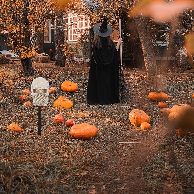 Sosoport Halloween Solar Skull Garden Stake Light Outdoor Yard Solar Path Lighting Halloween Decorations for Lawn Patio, Solar-Powered Outdoor Skull Lamp