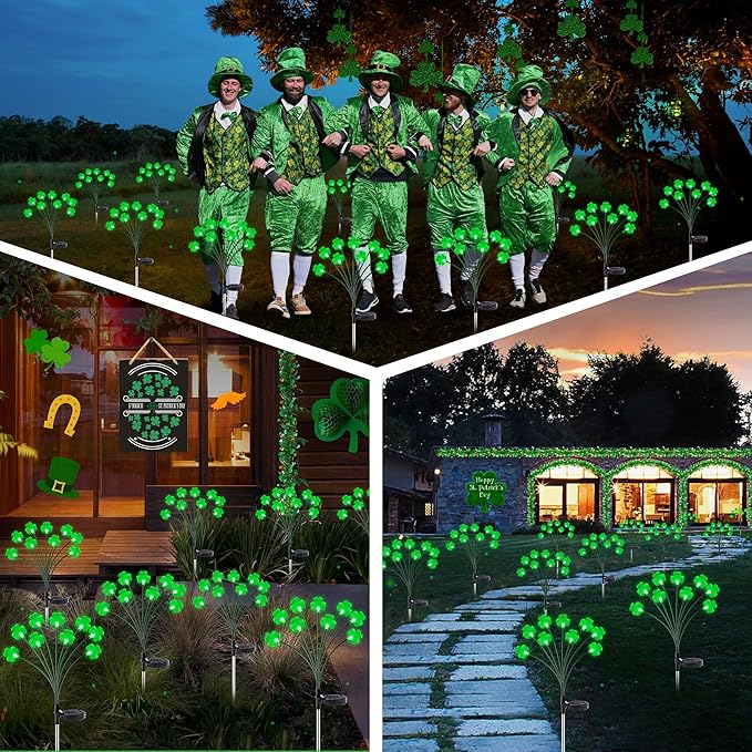 2 Pack St Patricks Day Decorations Solar Outdoor Lights, 18 LED Lucky Green Shamrock Irish Firefly Solar Lights, 2 Modes Waterproof St Patricks Day Light for Yard Garden Lawn Pathway Decor