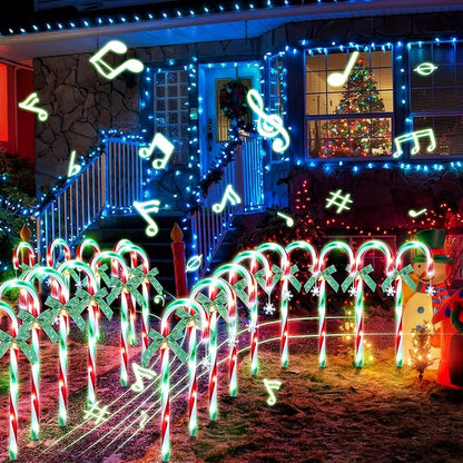 Hiboom 12 Pcs Christmas Candy Cane Light with 4 Christmas Theme Music, 20'' Pathway Markers Lights with Stakes Holiday Driveway Light for Xmas Holiday Party Walkway Garden Decor(Red, Green, White)