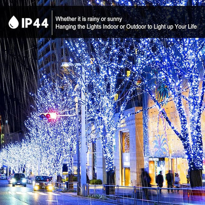 kemooie 500 LED Blue and White Christmas Lights, 164FT 8 Lighting Mode with Memory Plug in Christmas Tree Lights, for Outdoor Birthday Christmas Party Garden Balcony Decorations (Blue and White)