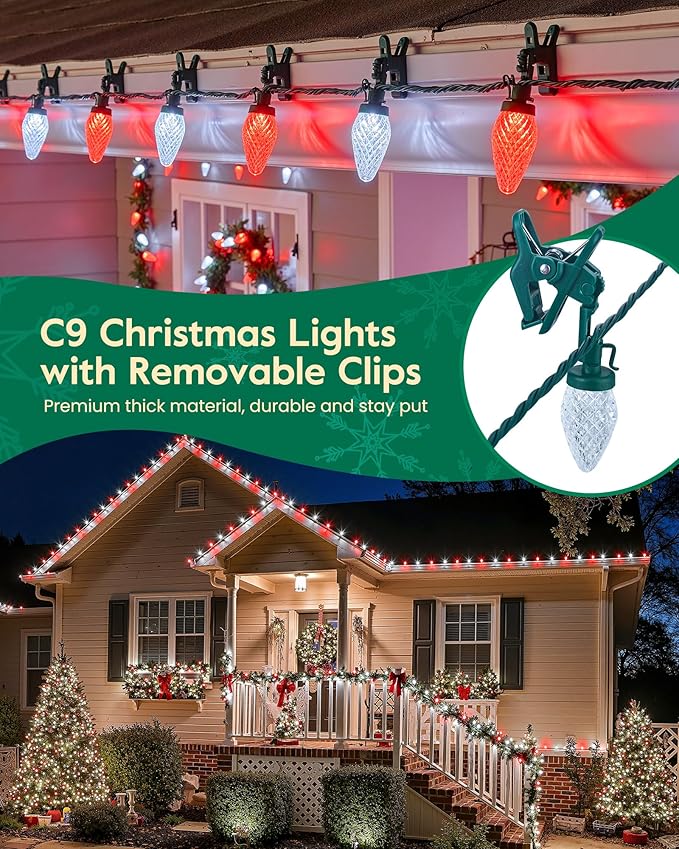 C9 LED Christmas Lights Outdoor with 100 Spring Clips, 65FT 100 LED C9 String Lights Waterproof Connectable for Roofline Patio House Yard Windows Xmas Tree Indoor Outdoor Christmas Decor, Red White