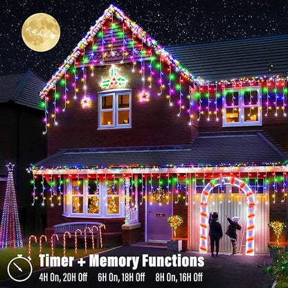 Joomer Christmas Icicle Lights - 19FT Outdoor String Lights Waterproof, 8 Modes Timer Connectable Plug-in String Light for Christmas Party, Eaves, Roofs, Xmas Decorations (Multicolor)