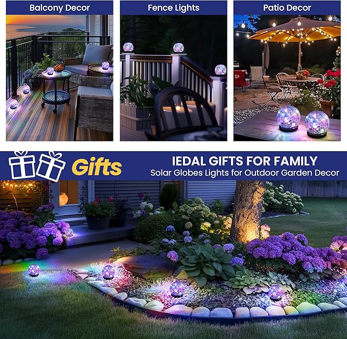Solar Lights Outdoor for Yard Patio Porch, Garden Decor Birthday Gifts for Mom Women, Solar Globe Lights Waterproof Cracked Glass Ball Outdoor Decorations Balcony Backyard (4 Pack Multicolor)