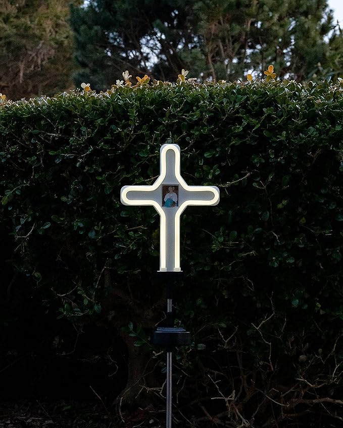 Touch Of ECO Solar Neon Memorial Cross Outdoor Garden Stake Light w/Personalized Picture Frame - Honor Pets, Humans, Graves Cemetery Decorations Markers, Cool White LED Light