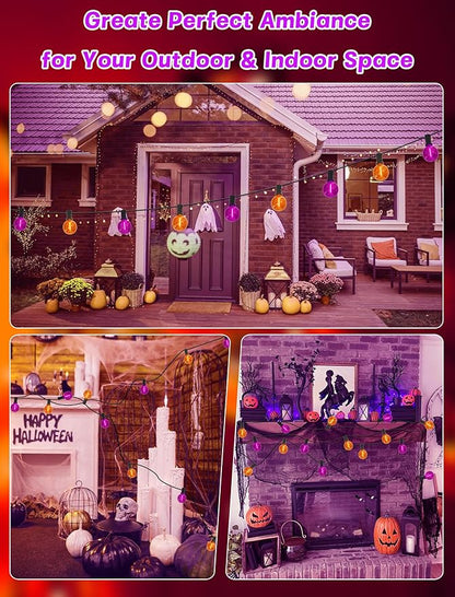 SUNSGNE G40 LED Halloween String Lights Outdoor 50FT Halloween Globe Lights with 27 LED Shatterproof Clear Orange Purple Bulbs(2 Spare) for Patio Balcony Backyard Pergola Decor