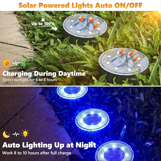 Joomer Solar Ground Lights, 4 Pack 8 LED Solar Lights Outdoor Waterproof IP68 Disc Light Landscape Lighting Garden | Lumora