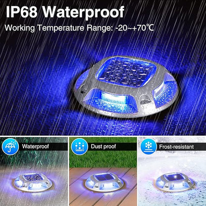 Solar Driveway Lights - 10 Pack, IP68 Waterproof, 2 Color Modes (Blue/White) for Step, Sidewalk, Pathway, Patio, Garden