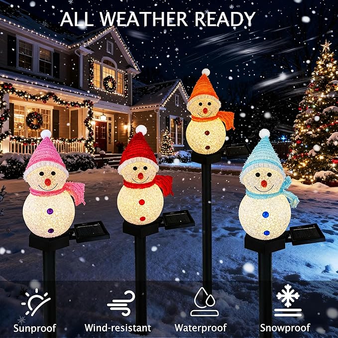Solar Christmas Snowman Pathway Lights Outdoor Decor, 4pcs Waterproof Snowman Stake Landscape Lights, Solar Powered | Lumora
