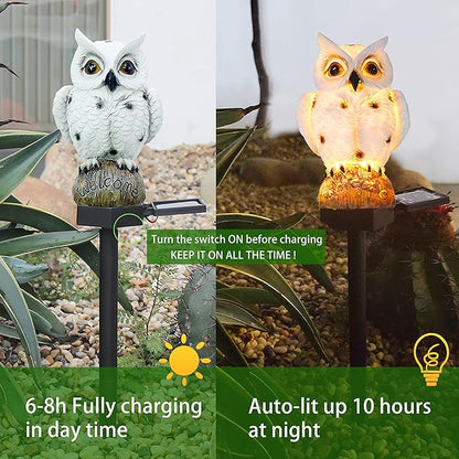 2 Pack Garden Solar Light Outdoor Decor, Resin Owl Solar LED Light with Stake, Animal Waterproof Light for Flower Fence Lawn Passage Walkway Courtyard Party Decoration, Owl (White+Brown)
