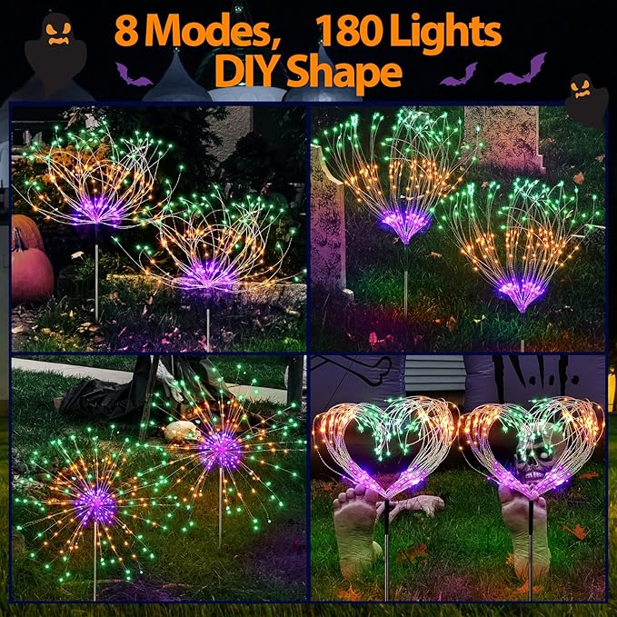 4th of July Decorations Outdoor 4 Pack Colored Solar Firework Lights with 180 LED Patriotic Solar Lights 8 Lighting Modes for Yard Pathway Garden Patio Party Decorations(Green, Orange, Purple)