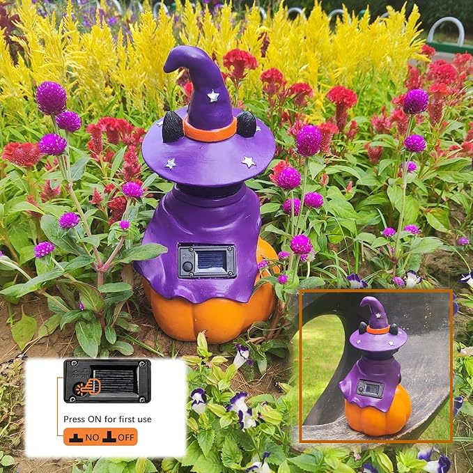Solar Witch Black Cat Figurine Light for Gothic Theme Party, Solar Outdoor Lights Harvest Pumpkin LED Spooky Cat Garden Statue Led Yard Light Patio Porch Pathway, Fall Decor Home Gifts for Cat Lovers