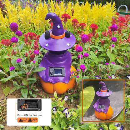 Solar Witch Black Cat Figurine Light for Gothic Theme Party, Solar Outdoor Lights Harvest Pumpkin LED Spooky Cat Garden Statue Led Yard Light Patio Porch Pathway, Fall Decor Home Gifts for Cat Lovers