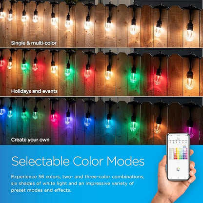 Enbrighten LED Wi-Fi Smart Vintage Café Lights, 48ft, Multicolored/White, Patio, Backyard, Deck, Porch, Outdoor Lighting, Various Color Options, Smart Control, Bluetooth, Vintage Bulbs, 57415