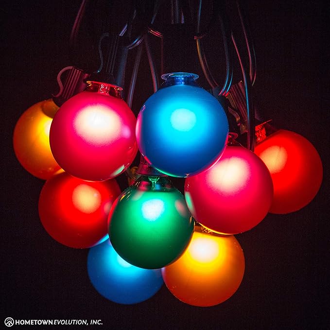 Hometown Evolution, Inc. 25 Foot Outdoor Colored String Lights - G50 Assorted Satin Pearl 2 Inch Globe Bulbs - Black Wire (+ 1 Free Spare) for Patio Balcony Awning Canopy and Party Lighting