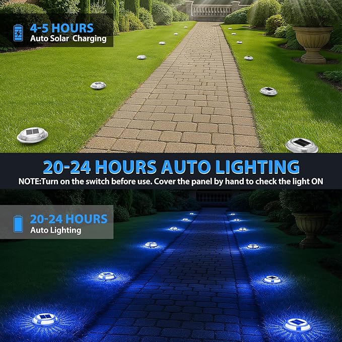 Solar Deck Lights,8 Pack Driveway Dock Light 2 Colors in 1 Solar Powered Lights Outdoor IP68 Waterproof Driveway Marker for Warning Step/Garden/Sidewalk/Pathway/Yard (Blue & Cool White)