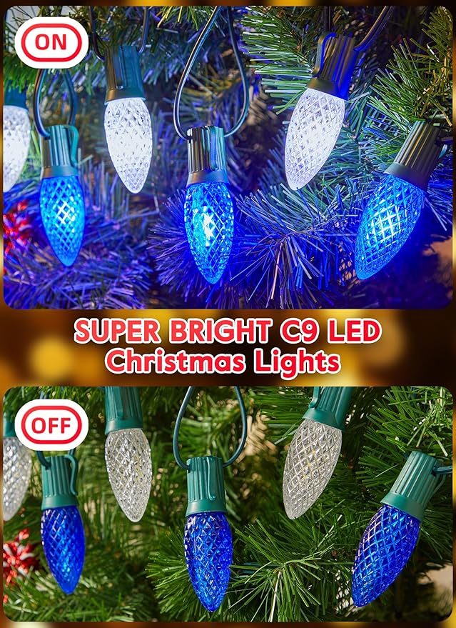 Minetom 100 Feet Led Christmas Lights,Blue White C9 Christmas String Lights Outdoor, 100 Strawberry Bulbs Connectable UL Certified for Indoor Outdoor Roofline Patio Holiday Party Backyard Xmas Decor