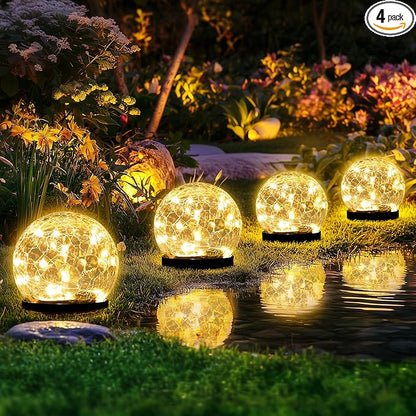 Solar Lights Outdoor for Yard Patio Porch, Garden Decor Birthday Gifts for Mom Women, Solar Globe Lights Waterproof Cracked Glass Ball Outdoor Decorations Balcony Backyard (4 Pack Warm White)
