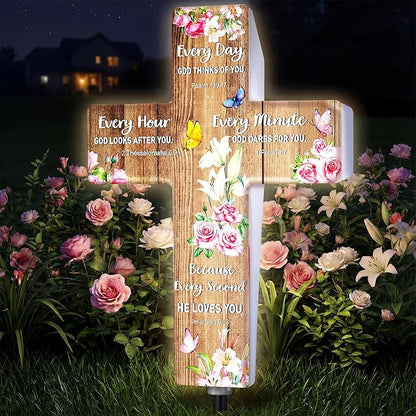 Retisee Christian Solar Cross for Cemetery Grave Garden Stake Light Decor Sympathy Memorial Gift Remembrance Biblical Religious Waterproof Light Outdoor Spring Butterfly Flower Stake for Yard Lawn
