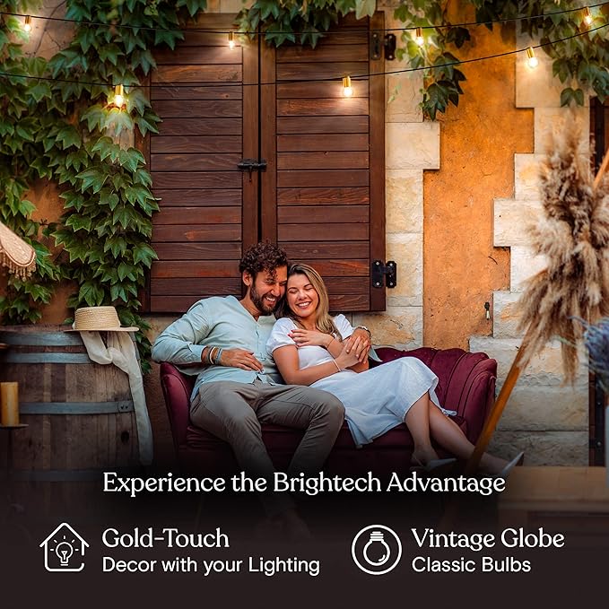 Brightech Glow LED String Lights - 26 Ft Commercial Grade Patio Lights with Brass Accents - Outdoor Waterproof | Lumora