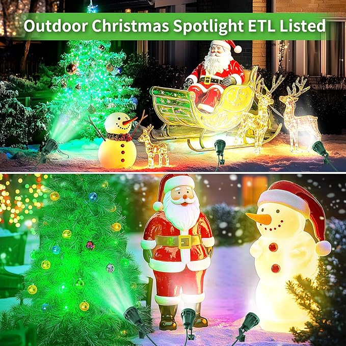 LED Christmas Spotlight Outdoor Plug in, 800LM Waterproof Flood Lights with 5 Extra Lenses (Red Green Blue Purple Orange), 5000K Landscape Light for Yard, Flag, Holiday Decor, ETL Listed, 2 Pack