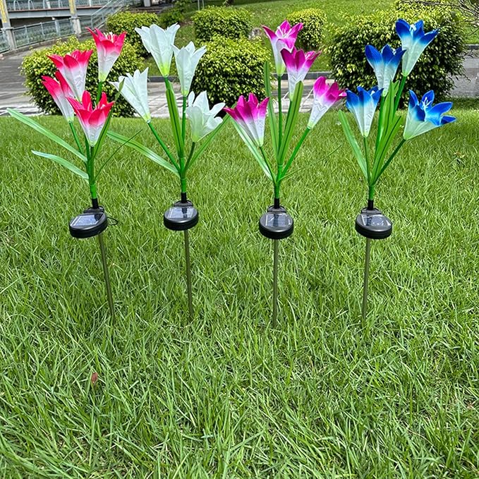 Lxcom Lighting Solar Path Light 4 Pcs Artificial Lily Flowers Waterproof Solar Garden Light Decorative Outdoor Lights Solar Lights Outdoor Garden for Patio Garden Yard Pathway, 4 Pack(Red)