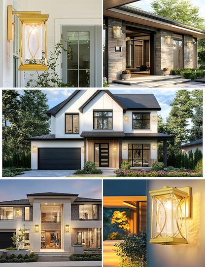 Gold OutdoorSconce Dusk to Dawn Exterior Light Fixtures Wall Mount Porch Light Modern Outdoor Wall Light Aluminum with Crack-Like Glass IP65 Waterproof Outside Coach Light for House