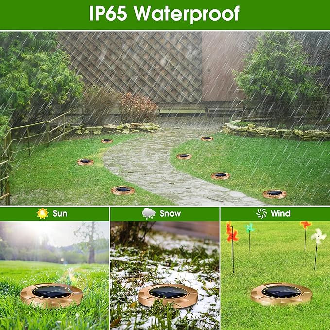 Biling Solar Ground Lights Outdoor with16 LEDs, Bright Waterproof Solar Lights Outdoor with Brass Finish, Flat Landscape Lighting for Yard Garden Pathway Driveway Deck (Warm 8 Pack)