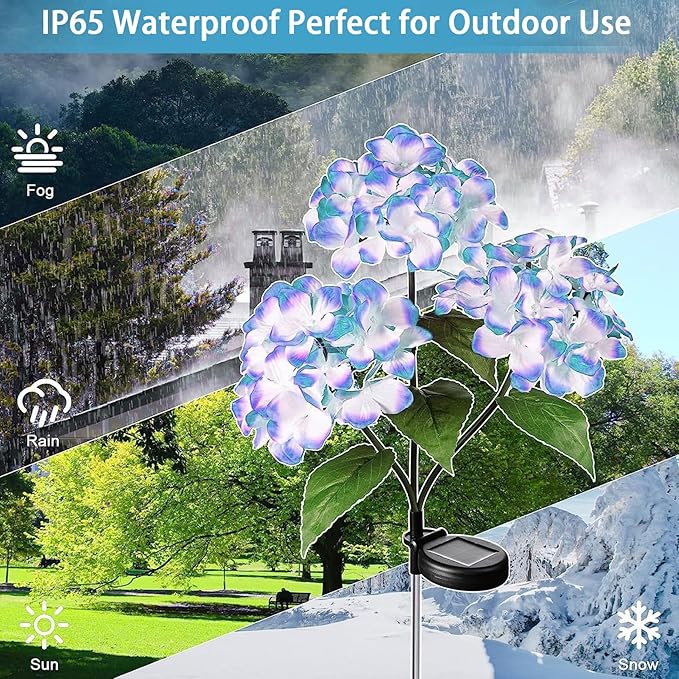 Solar Garden Lights Outdoor 28.7'' Solar Flower Lights Realistic Hydrangea Stake IP65 Waterproof Pathway Light for Outside Yard Garden Decor Style 1 Stake