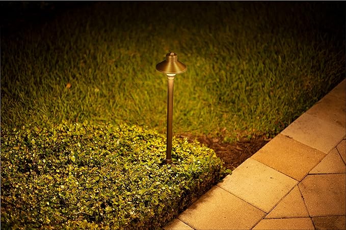 VOLT Flat Hat 12V Brass Path Light (5" Shade, 25" Tall) with 3W 2700K Warm White G4 LED Bulb for Low Voltage Landscape Lighting on Outdoor Pathway, Walkway, Garden, Driveway or Patio