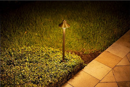 VOLT Flat Hat 12V Brass Path Light (5" Shade, 25" Tall) with 3W 2700K Warm White G4 LED Bulb for Low Voltage Landscape Lighting on Outdoor Pathway, Walkway, Garden, Driveway or Patio