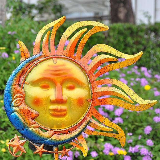 Solar Light Outdoor Garden Decoration Colorful Metal & Glass Sun Moon Star Valentine Stake Decorative Waterproof Warm White LED Yard Decor for Pathway Lawn Patio Backyard