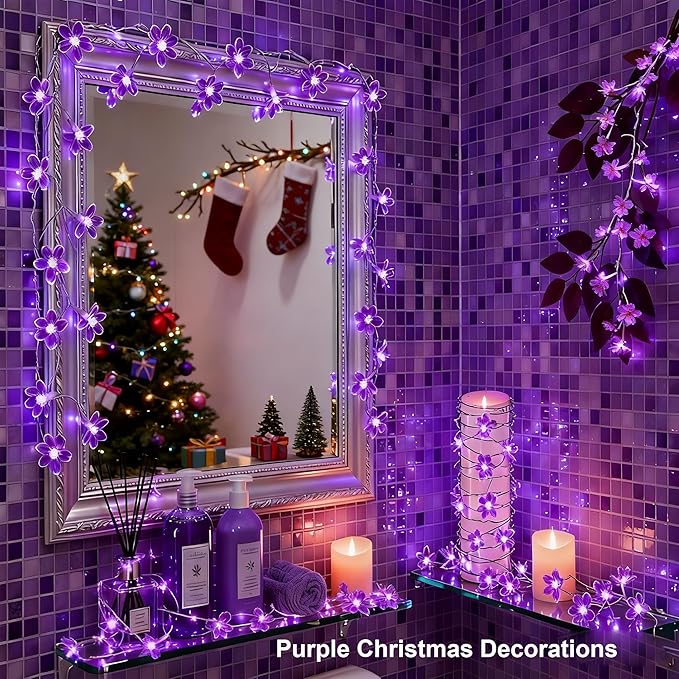 Decorative Connectable 33ft Purple Flower String Lights with 100 LEDs, Memory Function & 8 Modes. Perfect for Bedroom, Christmas, Weddings, Valentine's & Garden Indoor Outdoor Hanging Decorations