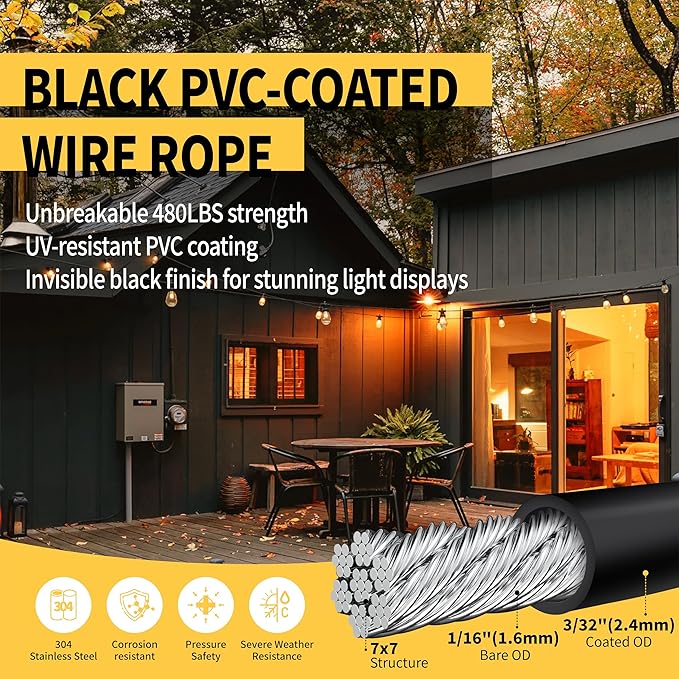 165FT All-Black Outdoor String Light Hanging Kit, 304 Stainless Steel Guide Wire with Matte Black Hardware Set | Lumora