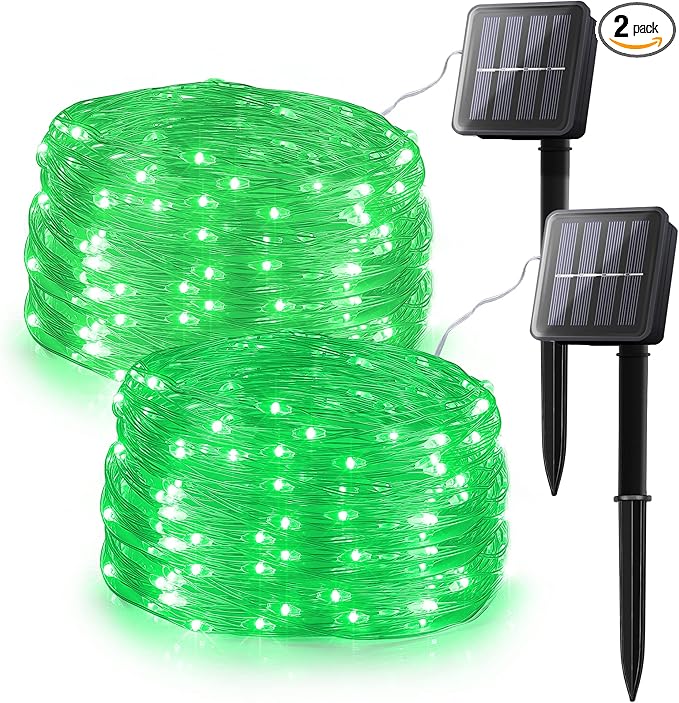 Woohaha 2 Pack 100 LED Solar Green String Lights, 33ft Waterproof Green Solar Fairy Lights for Christmas Tree Party Wedding Halloween St. Patrick's Day Decor